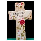 Vintage 2003 Hand Painted Cross w/Flowers ("Bless Our Home" on Front)