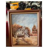 Original Signed Lonnie Barber Framed Oil Painting on Canvas - Rustic Barn & Autumn Farm Scene - Lake Odessa Off-Site