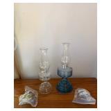 Pair of Vintage Glass Oil Lamps - Clear & Blue Glass with Chimneys and Burners - Lake Odessa Off-Site
