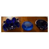 Set of 3 Cobalt Blue Art Glass Bowls & Ashtrays - Ruffled Edge & Decorative Glass - Lake Odessa Off-Site