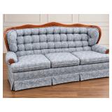 Vintage Kroehler 3-Cushion Sofa with Tufted Back, Blue Floral Upholstery & Carved Wood Trim - Potterville