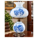 Oversized Unique Delft Style Blue & White Scenic Double Globe Hurricane Lamp with Glass Chimney - Potterville