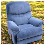 La-Z-Boy Blue Upholstered Recliner Chair with Wood Handle, Casual Oak Collection, Model 15577 - Potterville