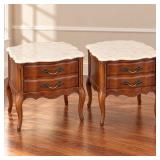 Pair Vintage MCM Style End Tables with Drawers & Genuine Marble Tops - Potterville