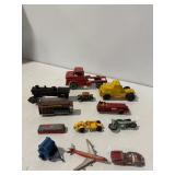 Assorted Die-Cast & Metal Toy Vehicle Lot Train, Trolley, Airplane, Trucks & Motorcycle