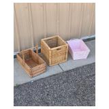 Lot of 3 Woven & Wood Storage Baskets Wicker, Pink & Handled Crate