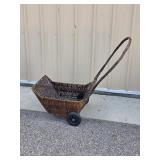 Wicker Rolling Garden Cart Basket with Large Carry Handle & Wheels