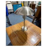 Brushed Metal Table Lamp with Dome Shade & Decorative Openwork Column