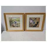 Disney High Quality Pair Wood Framed "Classic Pooh" Prints, 14 3/4" x 14 3/4", Bridge & Stair Scenes