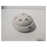 Ginny Williams 1996 Small Porcelain Cat Trinket Dish With Lid, Excellent Condition, Roughly 3" Dia.