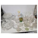 Large Glass Dish & Decor Lot: Trinket Dishes, Pitchers, Bottles W/Stoppers, (2 Boxes)