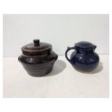 Vintage Harvest Oven Proof Stoneware Brown Bean Pot & Blue Stoneware Coffee Carafe Pitcher