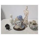 Vintage Ceramic Decor Lot: Sad Clown With Wooden Base, Avon Athena & Cat Bottles, & 15" Asian Figure