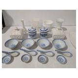 Vintage Milk Glass Dishes & Vases With Chinese Ceramic Bowls & Cups Set