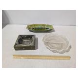 Haeger 1079 Green Glazed Ceramic Ashtray 10", Small White/Clear Ash Tray, & Smaller Desk Ash Tray