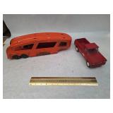 Vintage Metal Jeep Toy Truck w/ Tructo Auto Haulaway Metal Toy Trailer