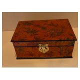 Vintage Wooden Lacquer Asian Jewelry Box - Floral Brass Clasp & Velvet Inside