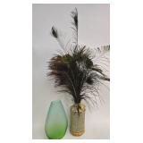 Green & Aqua Glass Vase + Antique Painted Vase with Peacock Feathers