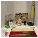 Retro Mid-Century Kitchenware Lot - Rolling Pin, Carving Set