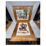2 Vintage Hand Painted Ceramic Tile Art Wall Hangings, Wood Framed