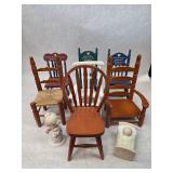 7 Vintage Miniature Wooden Chairs + 2 Precious Moments Figurines