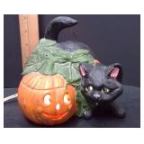 1970s Ceramic Black Cat & Jack-O-Lantern Halloween Light - Potterville