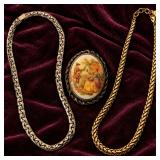 Anne Klein Necklace, Silver Chain & Fragonard Porcelain Brooch - Potterville