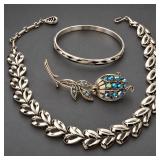 Vintage Leaf Link Necklace, Monet Bangle & Rhinestone Flower Brooch - Potterville