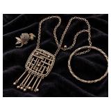 Vintage Silver Tone Fringe Necklace, Thistle & Bee Pin, Rope Bangle - Potterville