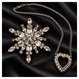 Vintage Rhinestone Heart Pendant Necklace & Snowflake Brooch - Potterville