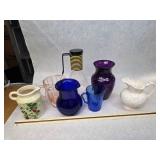 Small Collection of Art Glass, Depression Glass Pitcher, Vintage Coffee Carafe, and Ceramic Decor