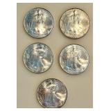 Lot of 5 - 2000 - American Silver Eagle Bullion Coins