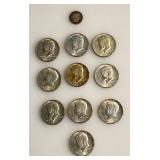 Lot of 10 - 1968 Kennedy Half Dollars - 40% Silver and 1911 90% Silver - Barber Dime