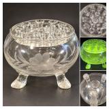 Vintage Viking Glass Flowerlite 3-Foot Etched Floral Bowl w/ Glass Flower Frog UV Reactive - Potterville