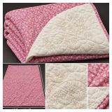 Pink Floral & Ivory Embroidered Reversible Quilt 62x104 - Hand Quilted - Pretty! - Potterville