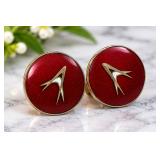 Mid-Century Atomic Age Screwback Earrings Deep Red Enamel & Gold-Tone Modernist Design - Potterville