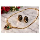 Ellen Designs Signed Black Enamel Clip Earrings & Jeweled Gold-Tone Necklace 3-Piece Lot - Potterville
