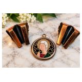 Renoir Signed Mid-Century Copper & Black Modernist Clip Earrings with Spanish Enamel Madonna Pendant - Potterville