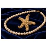 Vintage Ivory Faux Pearl Necklace & Ornate Gold-Tone Starfish Brooch - Coastal Elegance - Potterville