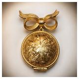 Vintage Gold-Tone Bow Brooch with Ornate Floral Engraved Solid Perfume Compact - Potterville