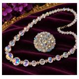 Vintage Aurora Borealis Faceted Glass Necklace & Dazzling AB Rhinestone Cluster Brooch - Potterville