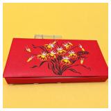 Vintage Mid-Century Red Floral Leatherette Brooch & Pin Storage Box Foam Lined - Potterville