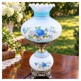 Vintage Blue & White Milk Glass Hurricane Lamp with Ruffled Shade, Roses & Ornate Metal Base - Potterville