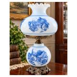 Oversized Unique Delft Style Blue & White Scenic Double Globe Hurricane Lamp with Glass Chimney - Potterville