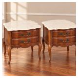 Pair Vintage MCM Style End Tables with Drawers & Genuine Marble Tops - Potterville