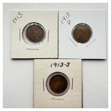 1913 - P / D / S - Key Date - Lincoln Wheat Cent Set