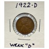 1922 D - Lincoln Wheat Cent - "Weak D"