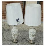Pair of Chinoiserie-Style Table Lamps with Pagoda Designs, Ornate Metal Bases & White Shades