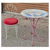 Coastal-Theme Round Accent Table & Scrollwork Metal Chair with Red Cushioned Seat