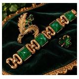 Vintage Emerald Green Marbled Bracelet, Rhinestone Botanical Brooch & Enamel Shamrock Pin - Potterville